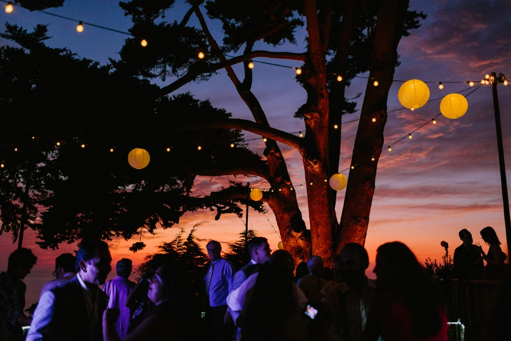 Martin Johnson House wedding lighting with string lights and illuminated trees overlooking ocean sunset in La Jolla